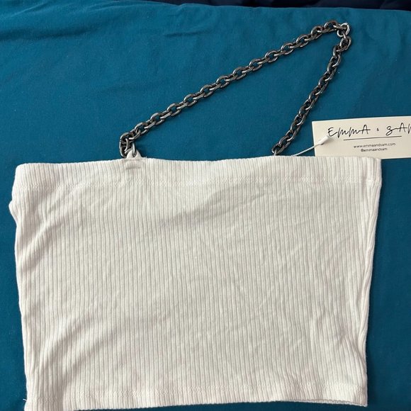 Emma & Sam One Shoulder Chain Ribbed Top Top Crop - Picture 3 of 6